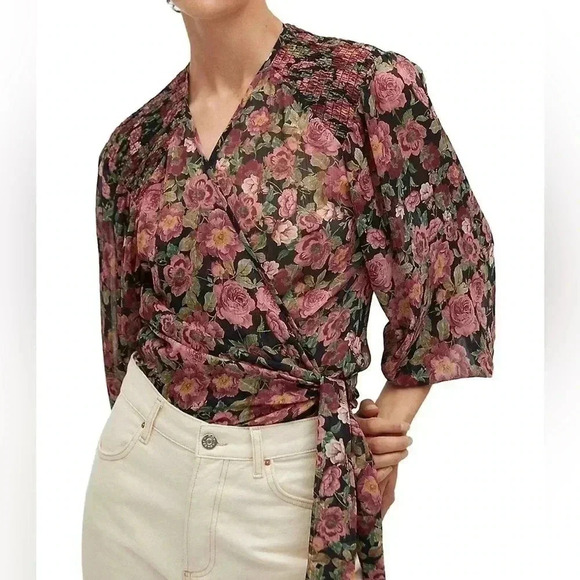 [M]MNG Pink/Red Floral Cropped Baloon  Sleeve Wrap Blouse - Picture 2 of 15